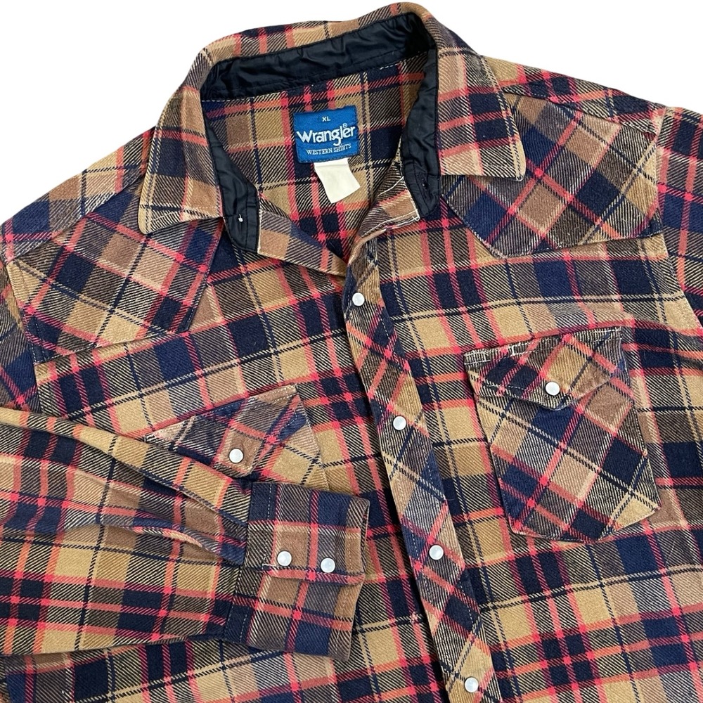 Vintage Wrangler Western Shirt XL Brown Plaid Pearl Snap Flannel Brush Popper